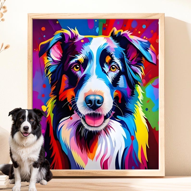 May include: A framed wall art print featuring a vibrant, multi-colored pop art illustration of a Border Collie dog. The artwork displays bold hues of blue, red, yellow, and purple, while a real black and white Border Collie sits in front.