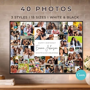 May include: A rectangular photo collage print featuring 40 individual images arranged in a grid, with the text "HAPPY BIRTHDAY Emma Johnson we love YOU so much today and always" centered in the middle. The layout includes various candid shots.