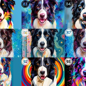 May include: A collection of nine digital portraits of Border Collie dogs, each numbered 82 through 93, featuring vibrant, multi-colored artistic styles, abstract backgrounds, and geometric patterns, showcasing the dogs' faces with open mouths.