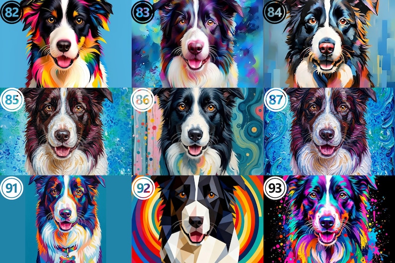 May include: A collection of nine digital portraits of Border Collie dogs, each numbered 82 through 93, featuring vibrant, multi-colored artistic styles, abstract backgrounds, and geometric patterns, showcasing the dogs' faces with open mouths.