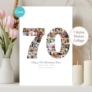 70th Birthday Photo Collage Custom Gift Birthday Number 70 Birthday Printable Editable 70th Birthday Collage Template Personalized in Canva