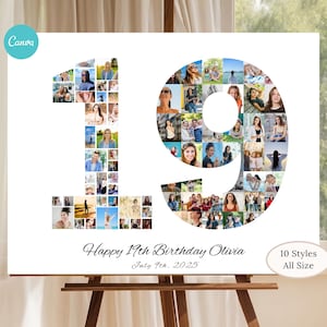以下が含まれることがあります： 様々な写真で構成された数字「19」が描かれた白いキャンバスプリント。「Happy 19th Birthday Olivia」の文字と日付「July 9th, 2025」が下にあります。 Canvaのロゴが左上にあります。