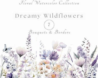 Watercolor Wildflower Borders Clipart | Purple Meadow Bouquet PNG | Wedding & Baby Shower Art
