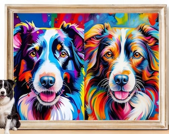 May include: A framed wall art print featuring two side-by-side portraits of dogs in a vibrant, multi-colored pop art style. The left dog has blue and purple tones, while the right dog features warm orange, yellow, and red hues. A black and white dog sits.