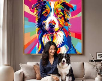 May include: A square wall art print featuring a vibrant, multi-colored pop art portrait of a Border Collie dog with a sunburst background. Below the artwork, text reads: 100% CUSTOM PET PORTRAIT FROM YOUR PHOTO.