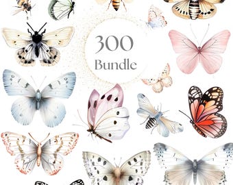 300 Watercolor Butterfly Clipart Bundle: Bees & Dragonflies (PNG, SVG)
