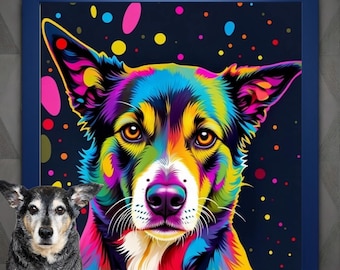 May include: A framed, vibrant artwork of a dog with a colorful, rainbow-like design. The dog's fur is depicted in shades of blue, yellow, pink, and purple against a dark blue background with colorful dots. A real dog is in the foreground.