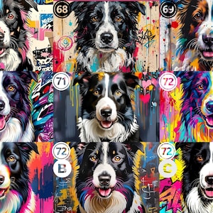 May include: A collection of nine digital art portraits featuring Border Collie dogs. Each image displays a dog with black and white fur against vibrant, multi-colored graffiti-style backgrounds with paint splatters and various abstract patterns.