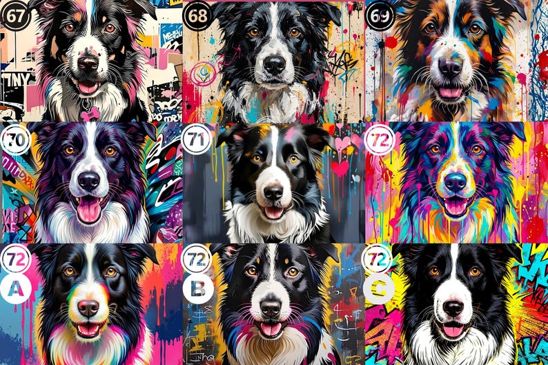 May include: A collection of nine digital art portraits featuring Border Collie dogs. Each image displays a dog with black and white fur against vibrant, multi-colored graffiti-style backgrounds with paint splatters and various abstract patterns.