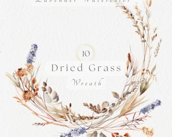 Lavender Watercolor Dried Grass Wreath Clipart PNG, Neutral Boho Floral Frame, Rustic Botanical Circle, Wedding Invitation Decor