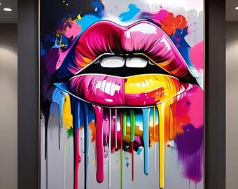 Könnte beinhalten: Abstrakter Kunstdruck mit lebendigen Lippen und tropfender Farbe. Die Lippen sind ein Farbverlauf aus Rosa und Gelb, mit weißen Zähnen. Die tropfende Farbe umfasst Farbtöne von Blau, Rosa, Gelb und Lila. Das Kunstwerk ist gerahmt.