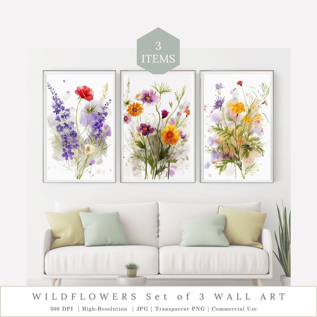Watercolor Flower Print Set of 3 Wildflower Wall Art Printable Flower ...