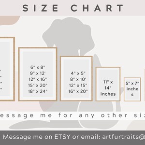 May include: A size chart graphic with the heading SIZE CHART, displaying six rectangular frames containing various dimensions in inches, including 4x6, 8x12, 12x18, 16x24, 20x30, 24x36, 6x8, 9x12, 12x16, 15x20, 18x24, 4x5, 8x10, 12x15, 16x20, 11x14, 5x7, and any square size, with text below reading Message me for any other size and Not Sure? Message me on ETSY or email: artfurtraits@gmail.com.