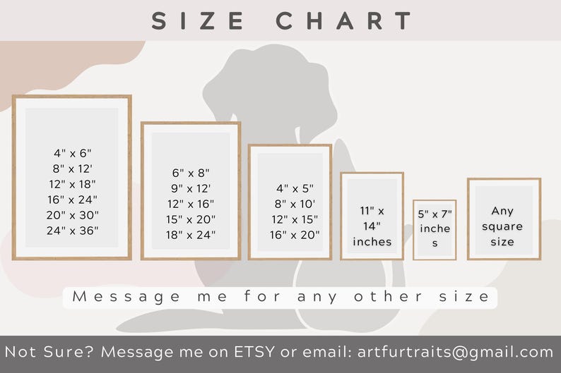 May include: A size chart graphic with the heading SIZE CHART, displaying six rectangular frames containing various dimensions in inches, including 4x6, 8x12, 12x18, 16x24, 20x30, 24x36, 6x8, 9x12, 12x16, 15x20, 18x24, 4x5, 8x10, 12x15, 16x20, 11x14, 5x7, and any square size, with text below reading Message me for any other size and Not Sure? Message me on ETSY or email: artfurtraits@gmail.com.