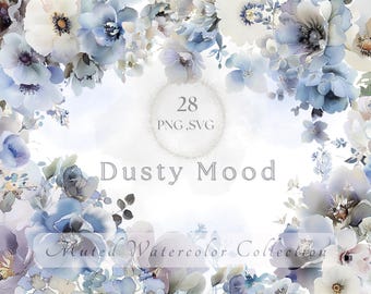Dusty Blue Watercolor Floral Clipart Bundle, Blue Flower PNG SVG, Pastel Botanical Wedding Flowers, Romantic Floral Digital Download