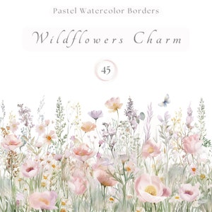 May include: A watercolour illustration of a border of pink wildflowers and green foliage. The text "Wildflowers Charm" is at the top of the image and the number "45" is in a circle in the centre of the image.