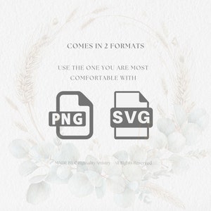 May include: Graphic showing two file formats, PNG and SVG, with the text "COMES IN 2 FORMATS" and "USE THE ONE YOU ARE MOST COMFORTABLE WITH".