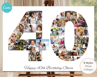40. Geburtstag Foto-Collage Vorlage - Benutzerdefiniertes Nummer 40 Geschenk, bearbeitbares Canva Design (Digitaler Download)