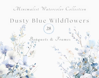 Dusty Blue Watercolor Floral Clipart: Wedding Flower Borders PNG, SVG (Instant Digital Download)