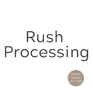Può includere: Sfondo bianco con le parole "Rush Processing" in un carattere grigio scuro. Un grafico circolare nell'angolo in basso a destra recita "Order Ready in 12 hrs" in un carattere più piccolo e scuro.