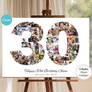Colagem de fotos para presente de 30º aniversário: número personalizado para impressão (download digital, Canva)