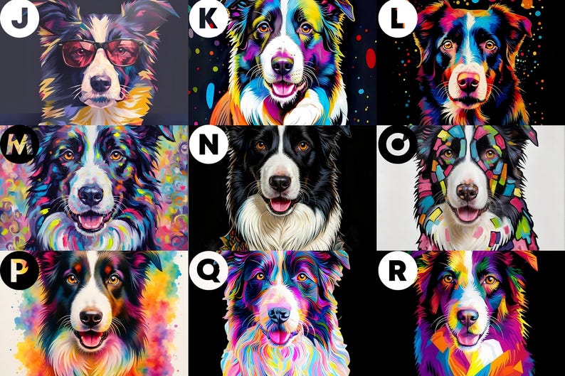 May include: A collection of nine square portraits featuring Border Collie dogs in various artistic styles. Each image displays a dog with distinct color palettes, including vibrant neon, watercolor splashes, and geometric patterns, labeled with letters J through R.
