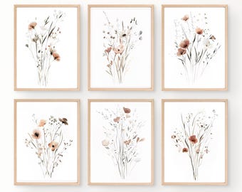 Neutral Watercolor Wildflower Prints Set of 6: Boho Botanical Wall Art (Digital Download)