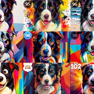 May include: A collection of nine distinct digital illustrations of Border Collie dogs, each numbered from 94 to 102. The portraits feature vibrant, multi-colored artistic styles, including abstract, geometric, and watercolor-inspired backgrounds.