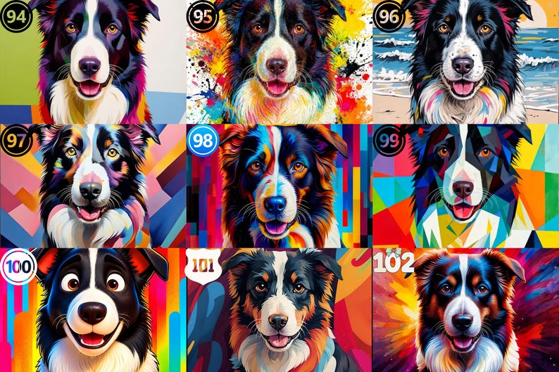 May include: A collection of nine distinct digital illustrations of Border Collie dogs, each numbered from 94 to 102. The portraits feature vibrant, multi-colored artistic styles, including abstract, geometric, and watercolor-inspired backgrounds.
