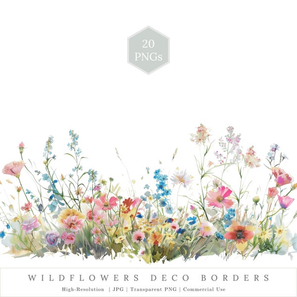 Wildflowers Border Clipart, Watercolor Flowers Print, Floral Drawings, Wedding Border Design, Wild Flower Rustic Clipart, Meadow Clipart PNG