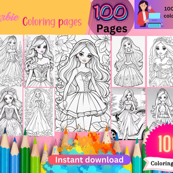 barbie coloring pages,adults coloring book,printable coloring sheets,kids printable coloring pages,digital download bundle,printable pdf