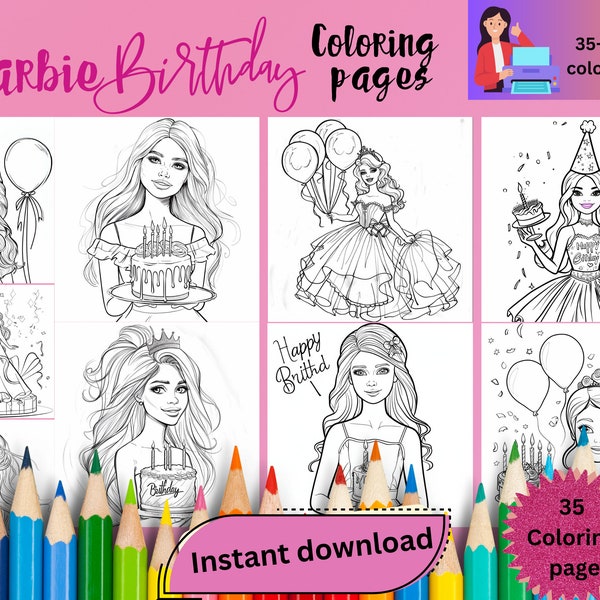 barbie coloring pages,barbie birthday activity,kids printable coloring pages,digital download bundle,kids art,Instant download