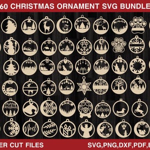 Puede incluir: Una colección de 60 diseños de adornos navideños cortados con láser. Los adornos presentan varias imágenes temáticas navideñas, incluyendo árboles, renos y copos de nieve. El texto "Merry Christmas" y "Believe" se incluye en algunos diseños. La imagen también incluye el texto "60 CHRISTMAS ORNAMENT SVG BUNDLE" y "LASER CUT FILES".