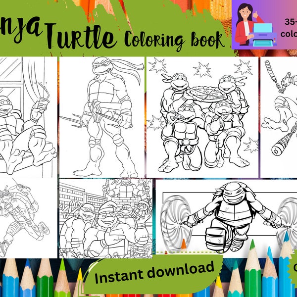 pagine da colorare tartaruga ninja, libro da colorare per bambini, fogli da colorare stampabili, pacchetto di download digitale, download istantaneo,
