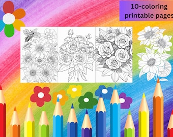 花の塗り絵、印刷可能な塗り絵シート、子供向けの印刷可能な塗り絵、デジタルダウンロードバンドル、子供向けアート、即時ダウンロード