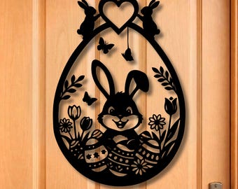 イースターバニー歓迎サイン、デジタルダウンロード、卵型ドアハンガーSVG、Glowforgeレーザーファイル、Cricut、イースターサイン、春の装飾レーザーファイル