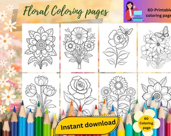 花の塗り絵、大人と子供向けの塗り絵（デジタルダウンロード）、大胆で簡単な塗り絵、春のアクティビティ