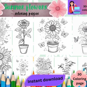 Può includere: Un set di 30 pagine da colorare stampabili con fiori estivi, tra cui rose, girasoli e altri motivi floreali. Le pagine sono in bianco e nero e perfette per bambini di tutte le età.