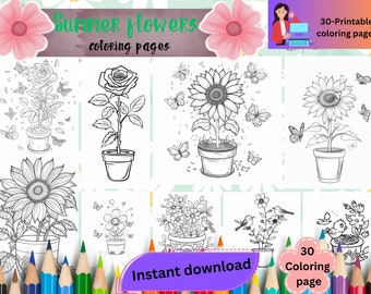 夏の花の鉢植えの塗り絵、子供向けの塗り絵、子供向けの夏のアクティビティ、デジタルダウンロードバンドル、花の塗り絵、即時ダウンロード