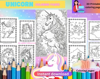 大胆で簡単な塗り絵、ユニコーンの塗り絵、子供向け塗り絵、デジタルダウンロードバンドル、即時ダウンロード、子供向けの夏のアクティビティ