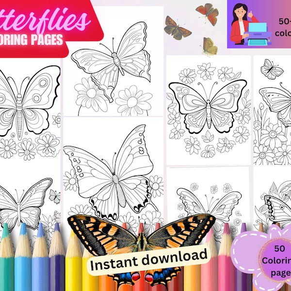 butterfly coloring pages for kids,insects coloring book,kids spring activity,digital download bundle,Instant download,50 sheets,unit study