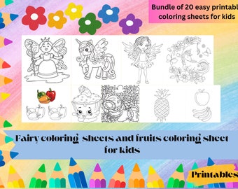 印刷可能な子供向けの塗り絵シート、妖精の塗り絵シート、フルーツの塗り絵シート、デジタル ダウンロード バンドル、即時ダウンロード。
