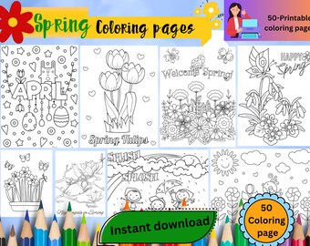 春の塗り絵、花の塗り絵、印刷可能な塗り絵シート、子供向けの印刷可能な塗り絵、デジタルダウンロードバンドル、春のアクティビティ