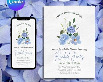 Blue Hydrangea Bridal Shower Invitation, Blue Bridal Shower, Bridal Shower Invite, Digital Evite, Editable, Printable