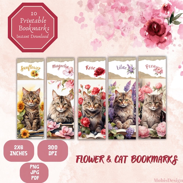 10 Flower & Cat Bookmarks |Floral Bookmarks | Digital Download | JPG Bookmark | PNG Bookmark |cats journaling| Bookmark Set| Booklovers gift