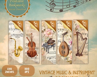 Vintage Music & Instrument Bookmarks |Music Lover| Digital Download |JPG Bookmark| PNG Bookmark| musicnotes | Bookmark Set | Booklovers gift