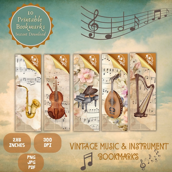 Vintage Music & Instrument Bookmarks |Music Lover| Digital Download |JPG Bookmark| PNG Bookmark| musicnotes | Bookmark Set | Booklovers gift