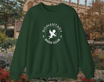 May include: A dark green sweatshirt with a white graphic of a cupid with a bow and arrow inside a circle with the text "Romantasy Book Club".