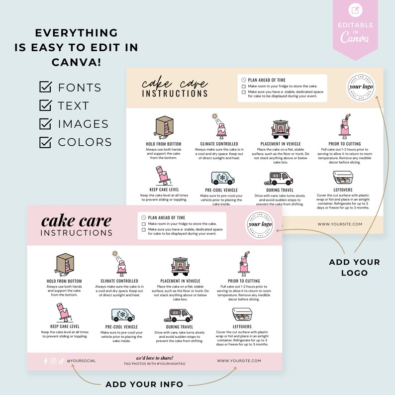 Editable Cake Care Card Template, Bakery Care Card, Canva Template ...