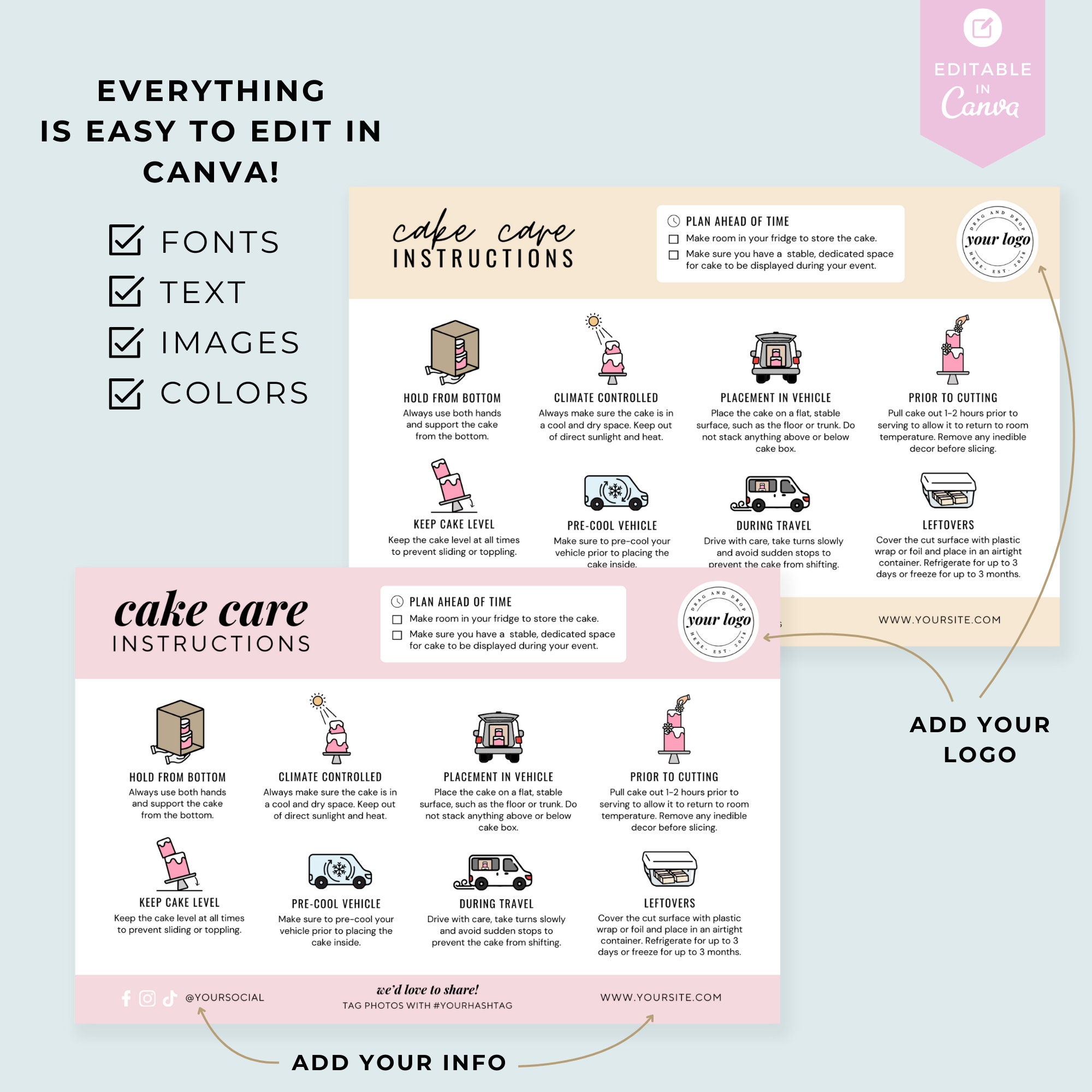 Editable Cake Care Card Template, Bakery Care Card, Canva Template ...